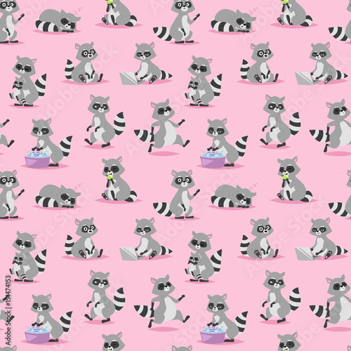 Cartoon raccoon vector illustration seamless pattern