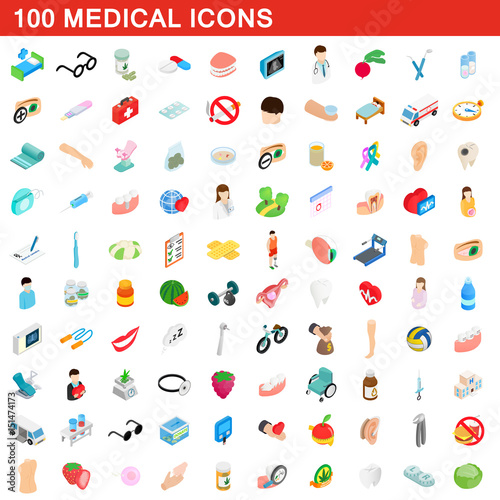 100 medical icons set, isometric 3d style