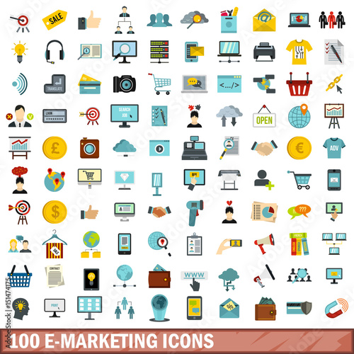 100 e-marketing icons set, flat style