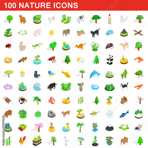 100 nature icons set, isometric 3d style