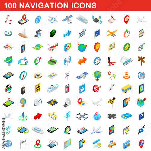 100 navigation icons set, isometric 3d style