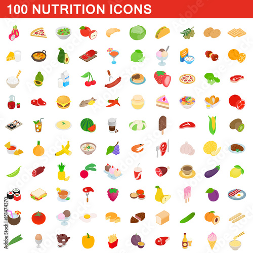 100 nutrition icons set, isometric 3d style