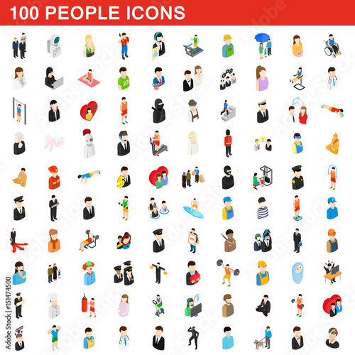 100 people icons set, isometric 3d style