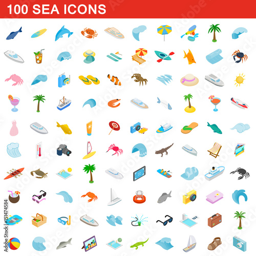 100 sea icons set, isometric 3d style © juliars