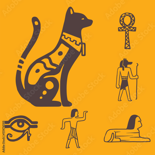 Egypt travel history sybols hand drawn design traditional hieroglyph vector illustration style.