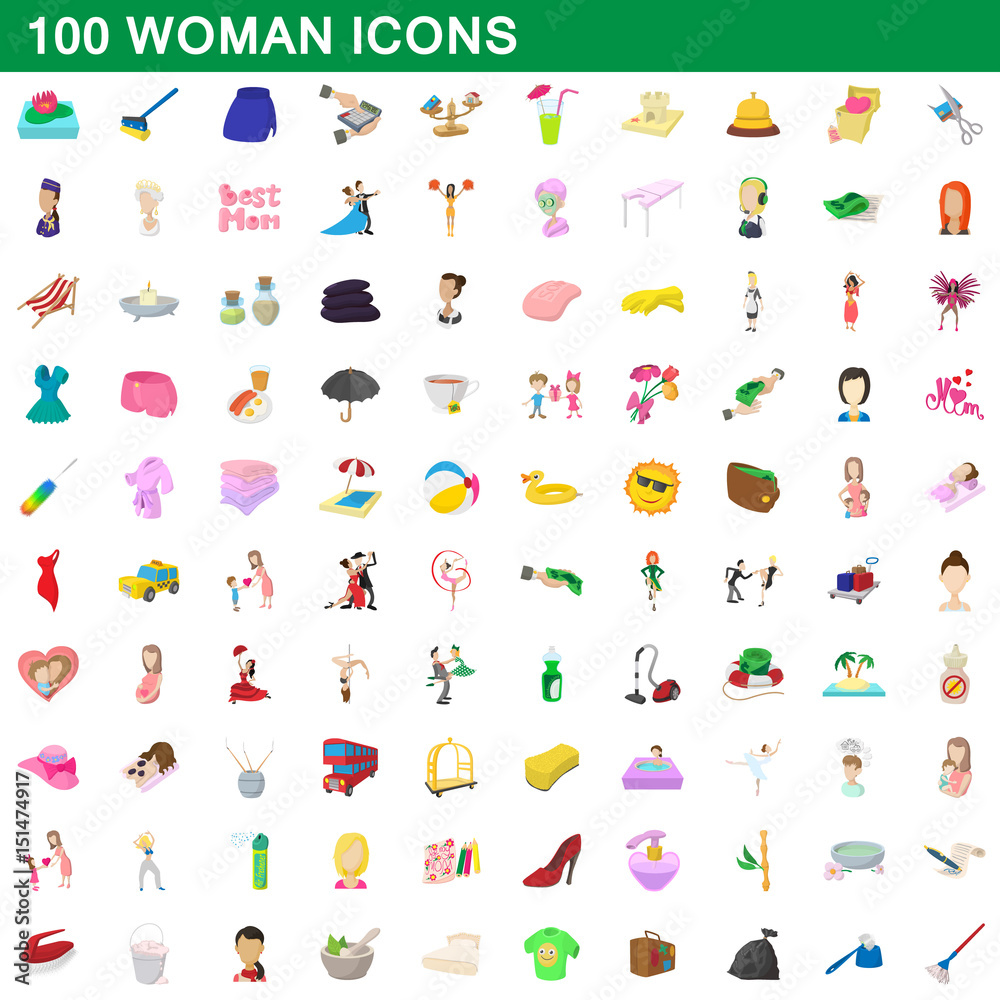 Fototapeta premium 100 woman icons set, cartoon style