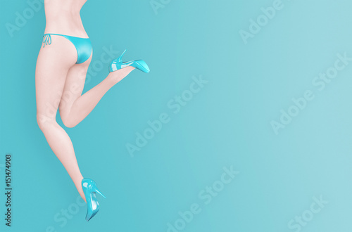 Gambe di donna con costume e tacchi, cellulite, estate, render photo