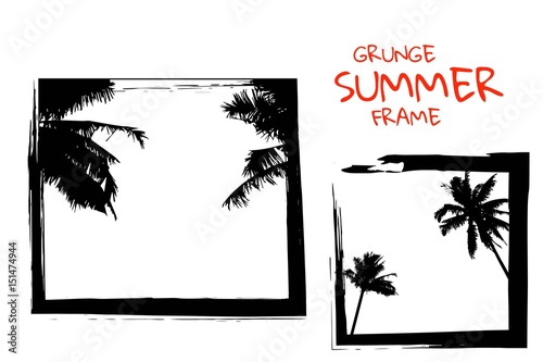 Square frames in grunge style with palm trees. Beautiful tropical beach silhouette of trees on ocean beach.vector illustrations for social media, posters, email, print, ads designs, promotional © allakorn