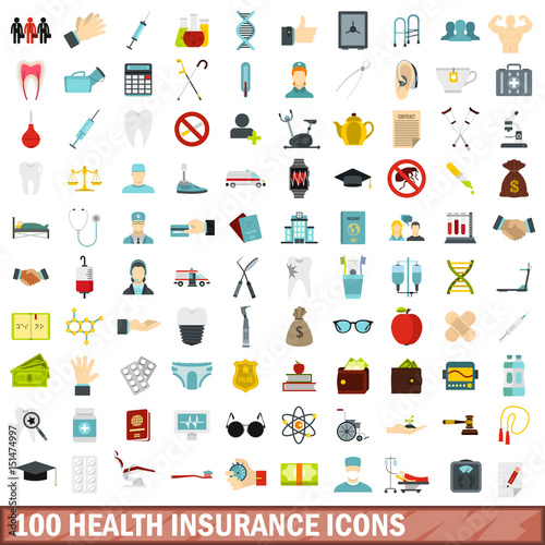 100 health insurance icons set, flat style