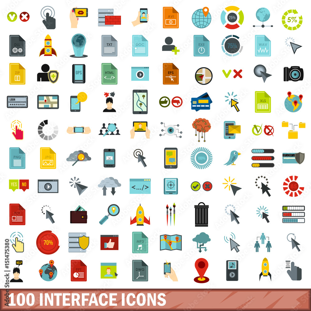 100 interface icons set, flat style