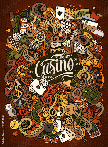 Cartoon hand-drawn doodles casino, gambling illustration