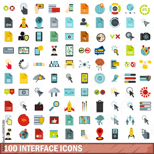 100 interface icons set, flat style