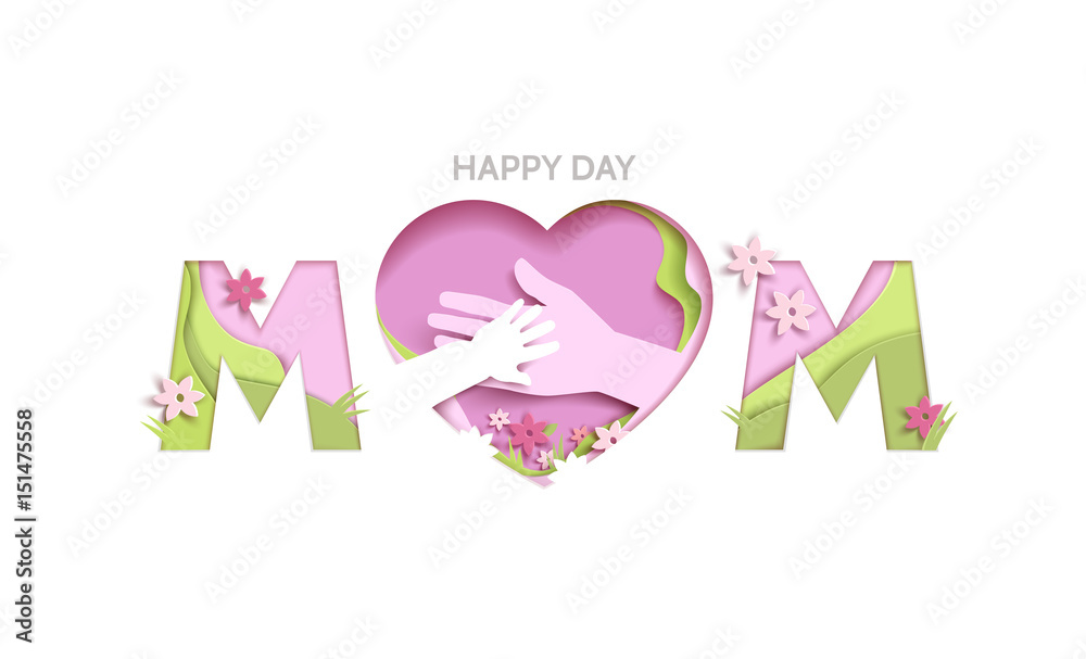 Happy Mothers day greeting card in paper cut style in pink colors Happy Mothers day greeting card in paper cut style in pink colors