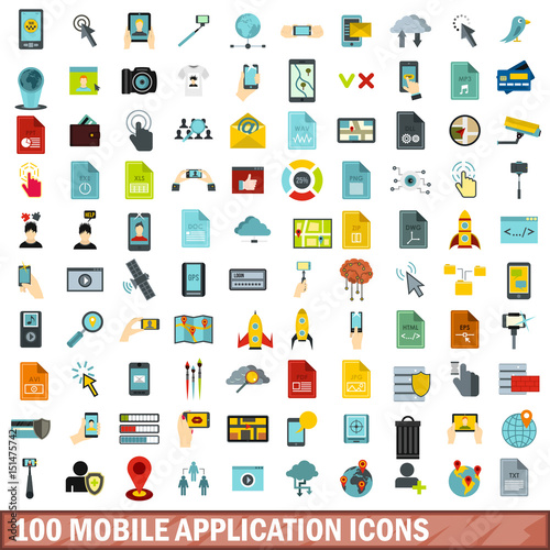 100 mobile application icons set, flat style