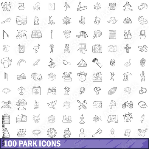 100 park icons set, outline style