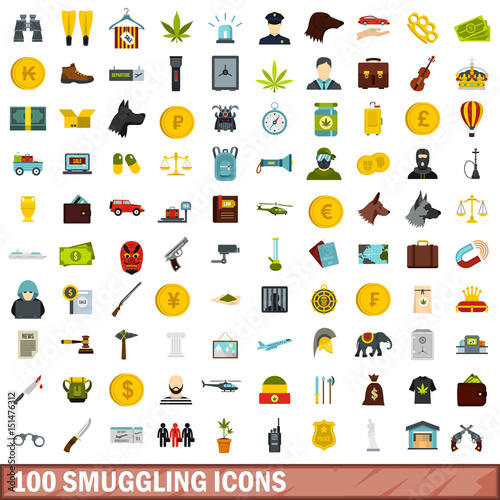 100 smuggling icons set, flat style