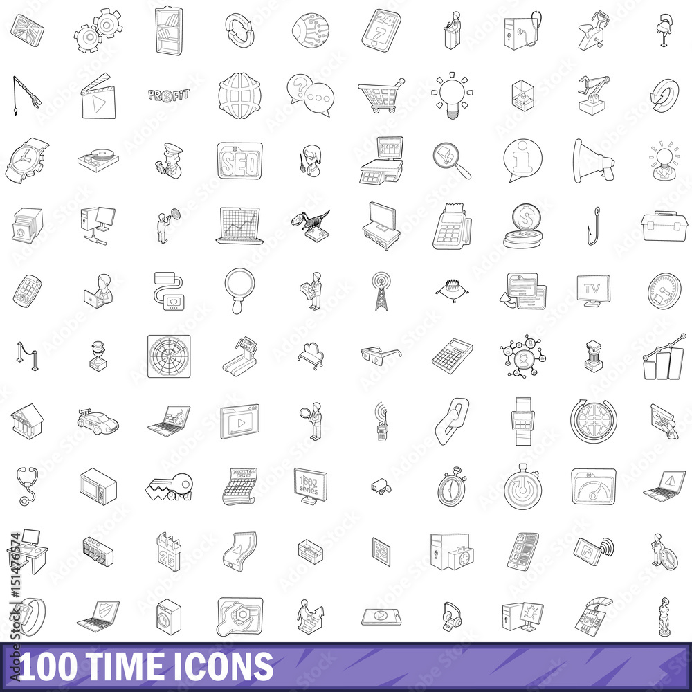 100 time icons set, outline style 100 time icons set, outline style