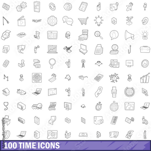 100 time icons set, outline style