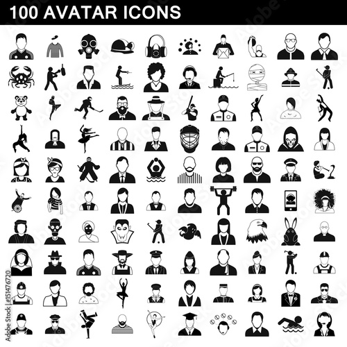 100 avatar icons set, simple style