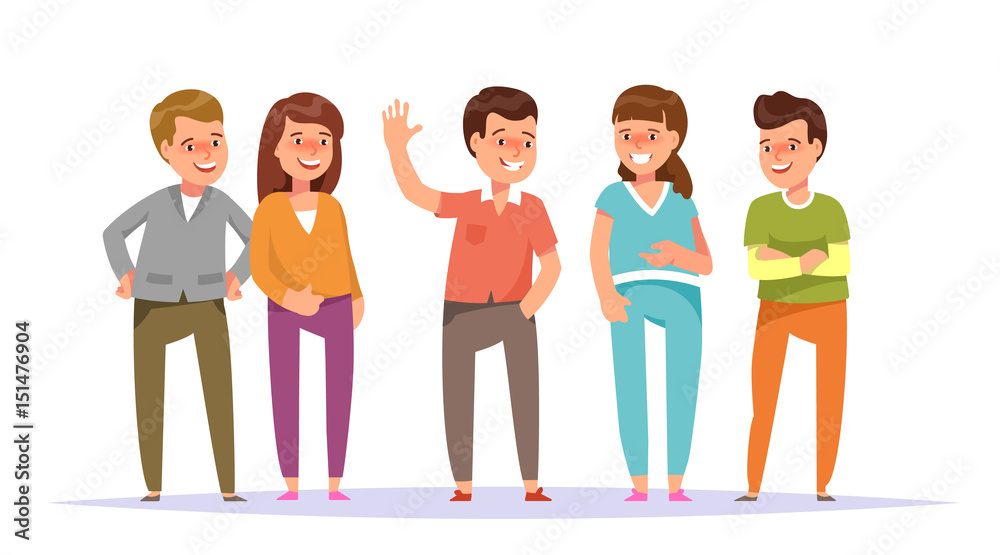 Vector illustration group smiling young people friends standing colorful  clothes isolated white background. Cartoon style Stock Vector | Adobe Stock