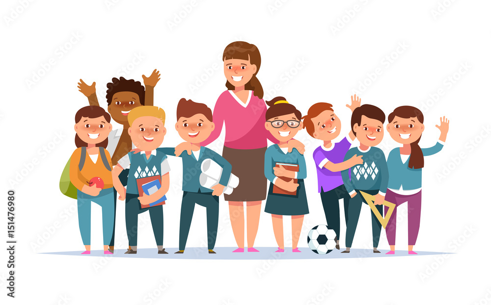 Vector illustration group elementary school boy and girl and teacher in classroom in cartoon style isolated. The design concept postcard for teachers ' day Vector illustration group elementary school boy and girl and teacher in classroom in cartoon style isolated. The design concept postcard for teachers ' day
