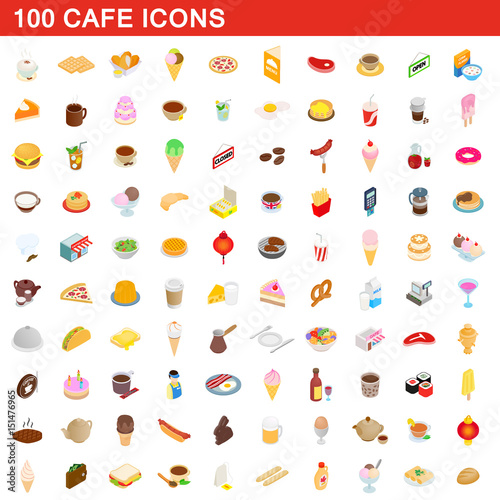 100 cafe icons set, isometric 3d style