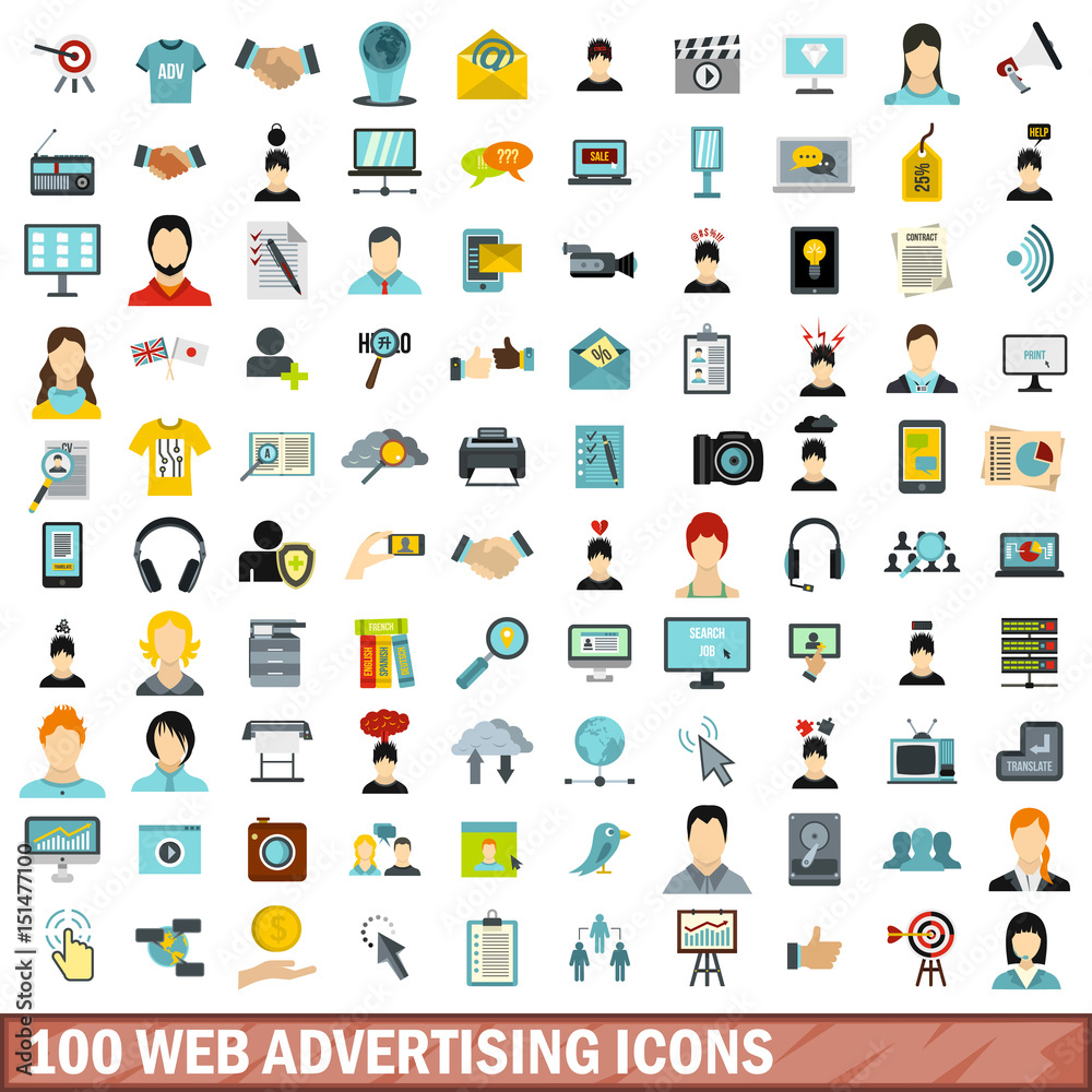 100 web advertising icons set, flat style 100 web advertising icons set, flat style