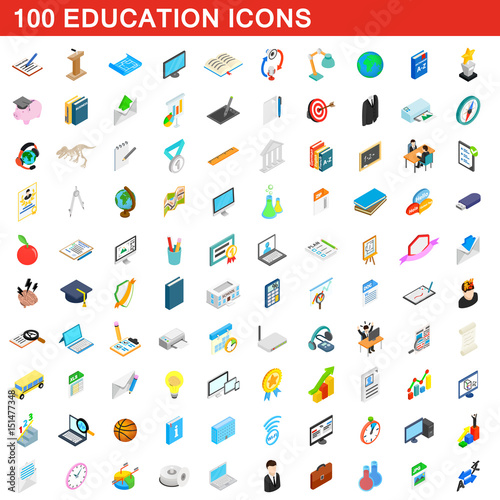 100 education icons set, isometric 3d style