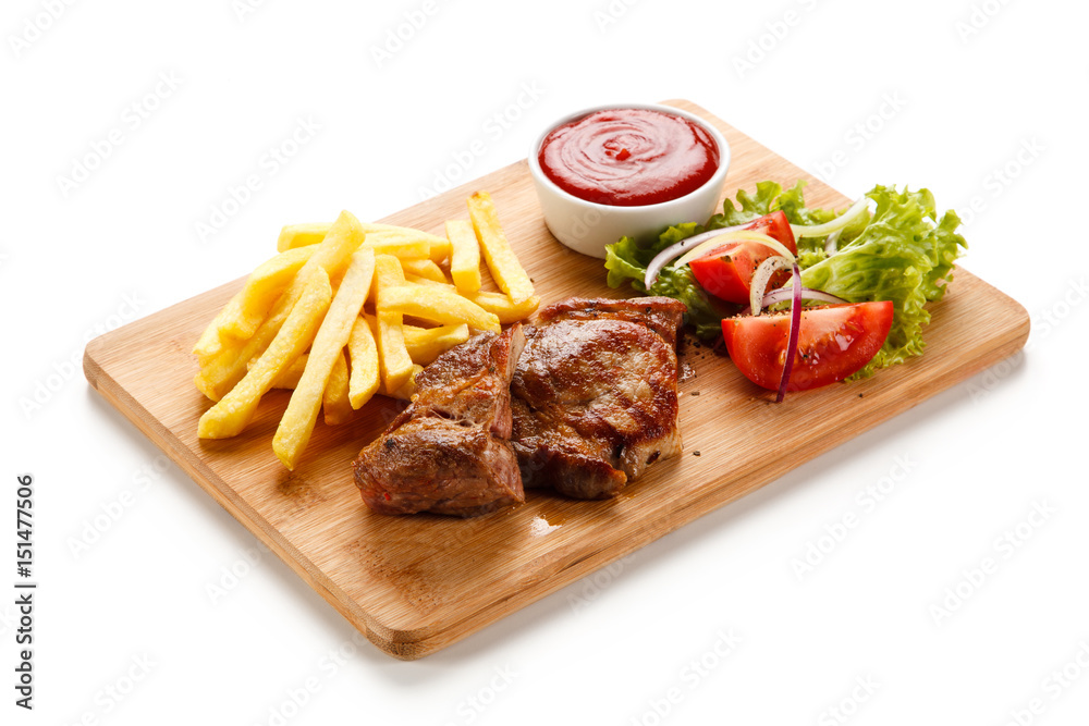 Griled meat with french fries on white background