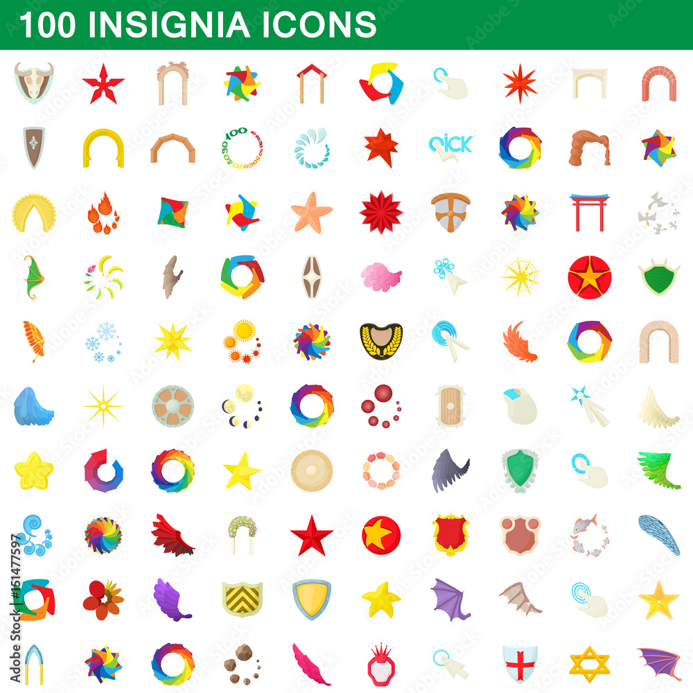 100 insignia icons set, cartoon style