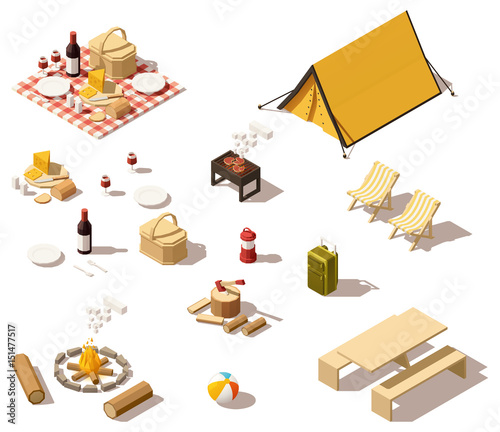 Vector isometric low poly camping equipment