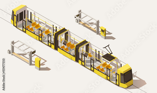 Vector isometric low poly low-floor tram