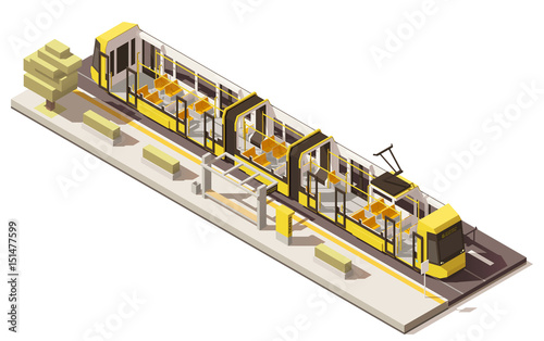 Vector isometric low poly low-floor tram