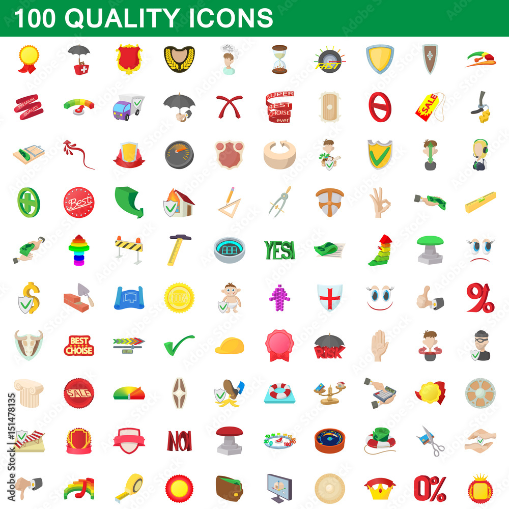 100 quality icons set, cartoon style 100 quality icons set, cartoon style