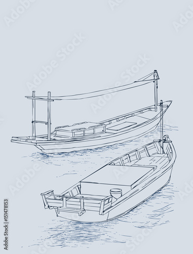 Drawing of fishing trawler at the sea
