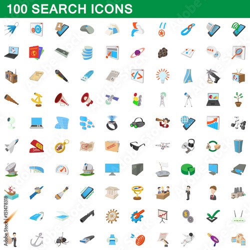 100 search icons set, cartoon style