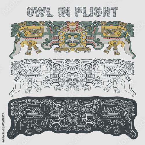 Totemic owl in flight Mayan graphic illustration.