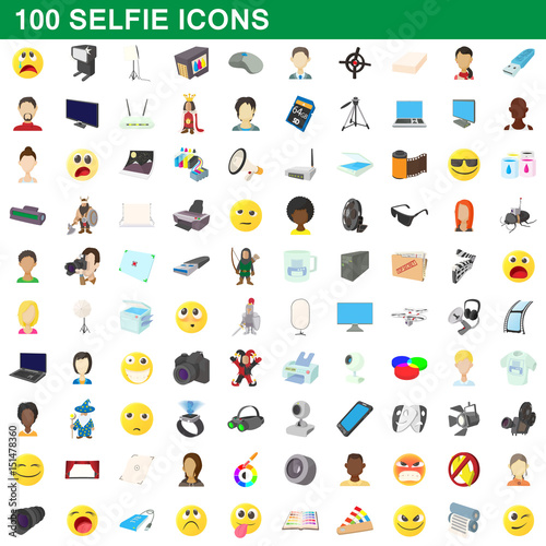 100 selfie icons set, cartoon style
