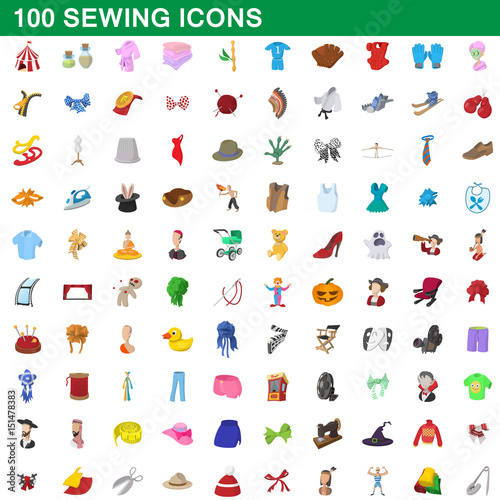 100 sewing icons set, cartoon style