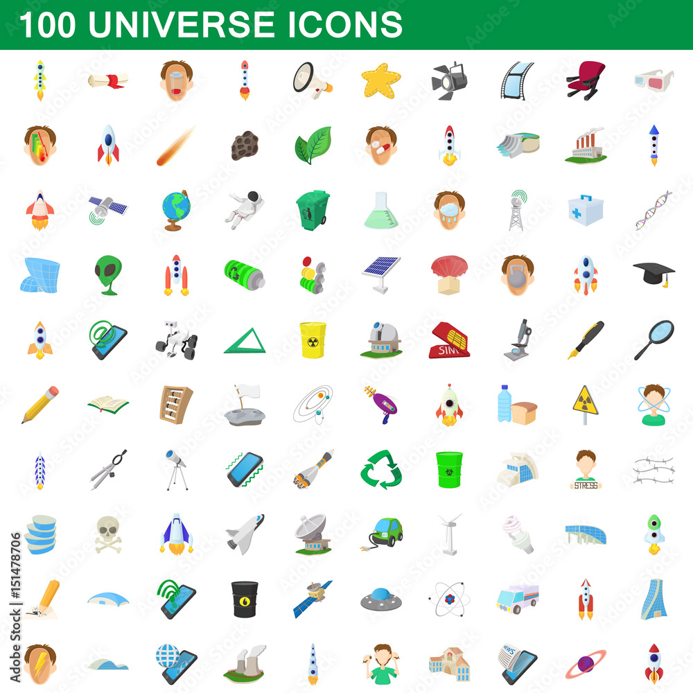 100 universe icons set, cartoon style