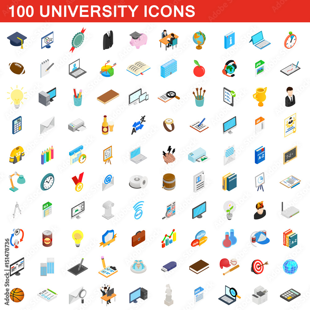 100 university icons set, isometric 3d style 100 university icons set, isometric 3d style