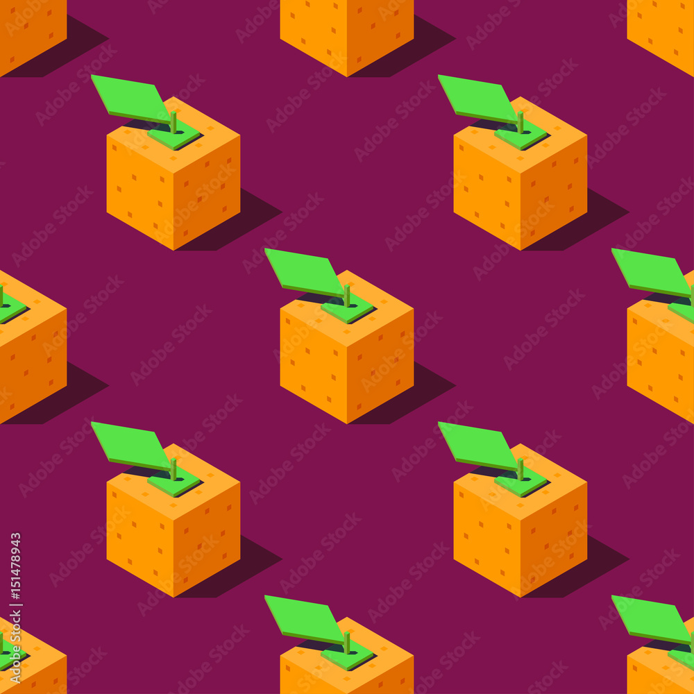 Seamless pattern of cubic oranges on violet background. Retro design concept, Clipping mask used.