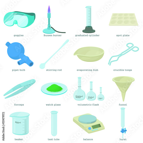 Chemical laboratory tools icons set, cartoon style
