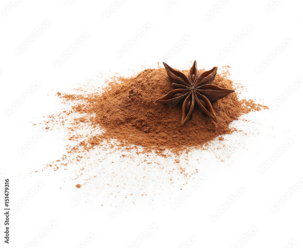 Cinnamon powder and anise star isolated on white Cinnamon powder and anise star isolated on white