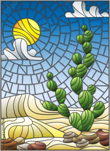 The illustration in stained glass style painting with desert landscape, cactus in a lbackground of dunes, sky and sun