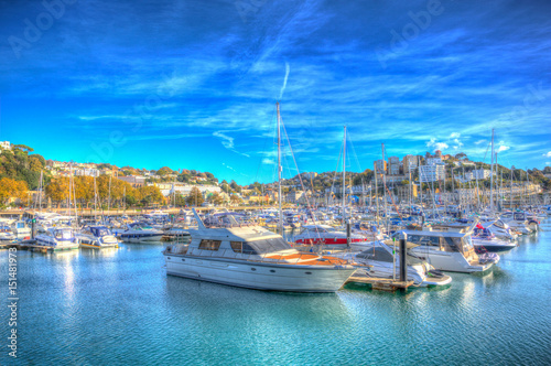 Torquay Devon UK marina with boats and yachts on beautiful day on the English Riviera in colourful HDR 