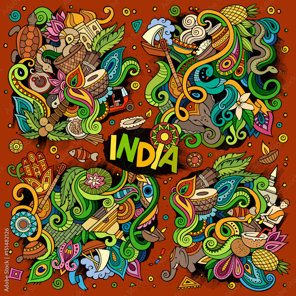 Doodle cartoon set of Indian designs