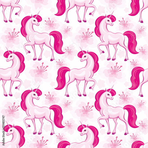 Naklejka Seamless pattern with the image of a beautiful fantastic unicorn. Colorful vector background.