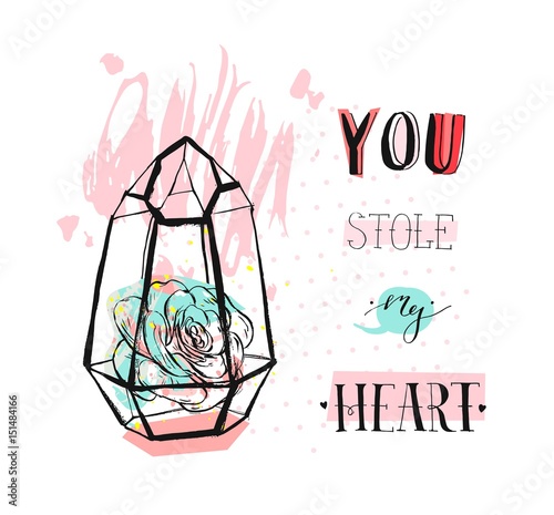 Hand drawn vector abstract graphic Love concept greeting card design with succulent plant in glass terrarium and modern calligraphy phase You stole my heart in pastel color isolated on white .