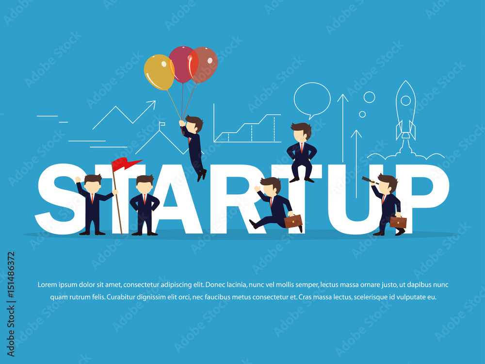 Cartoon working little people with  big word Startup. Vector illustration for business design and infographic.